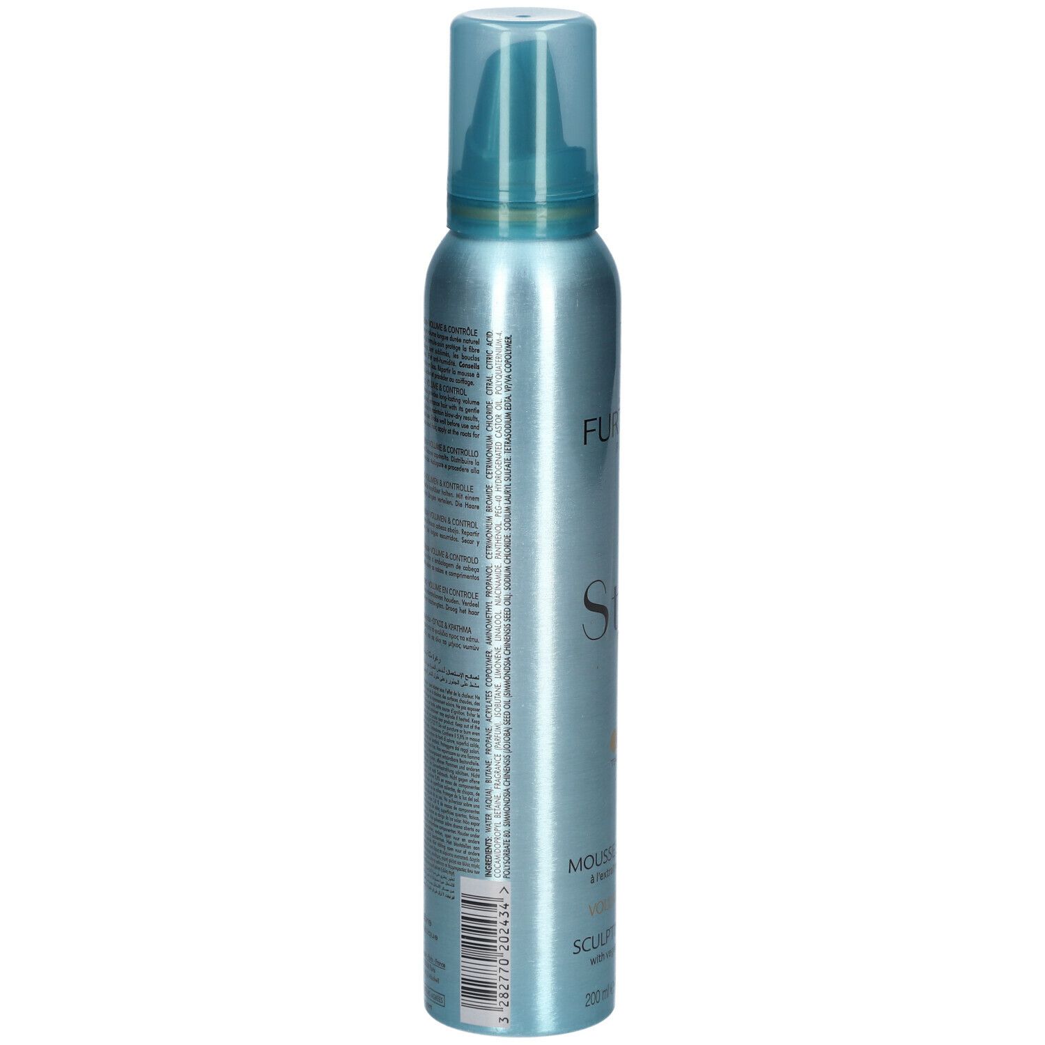 Flacon bleu-argenté avec vaporisateur. Dos avec texte. Marque: René Furterer.