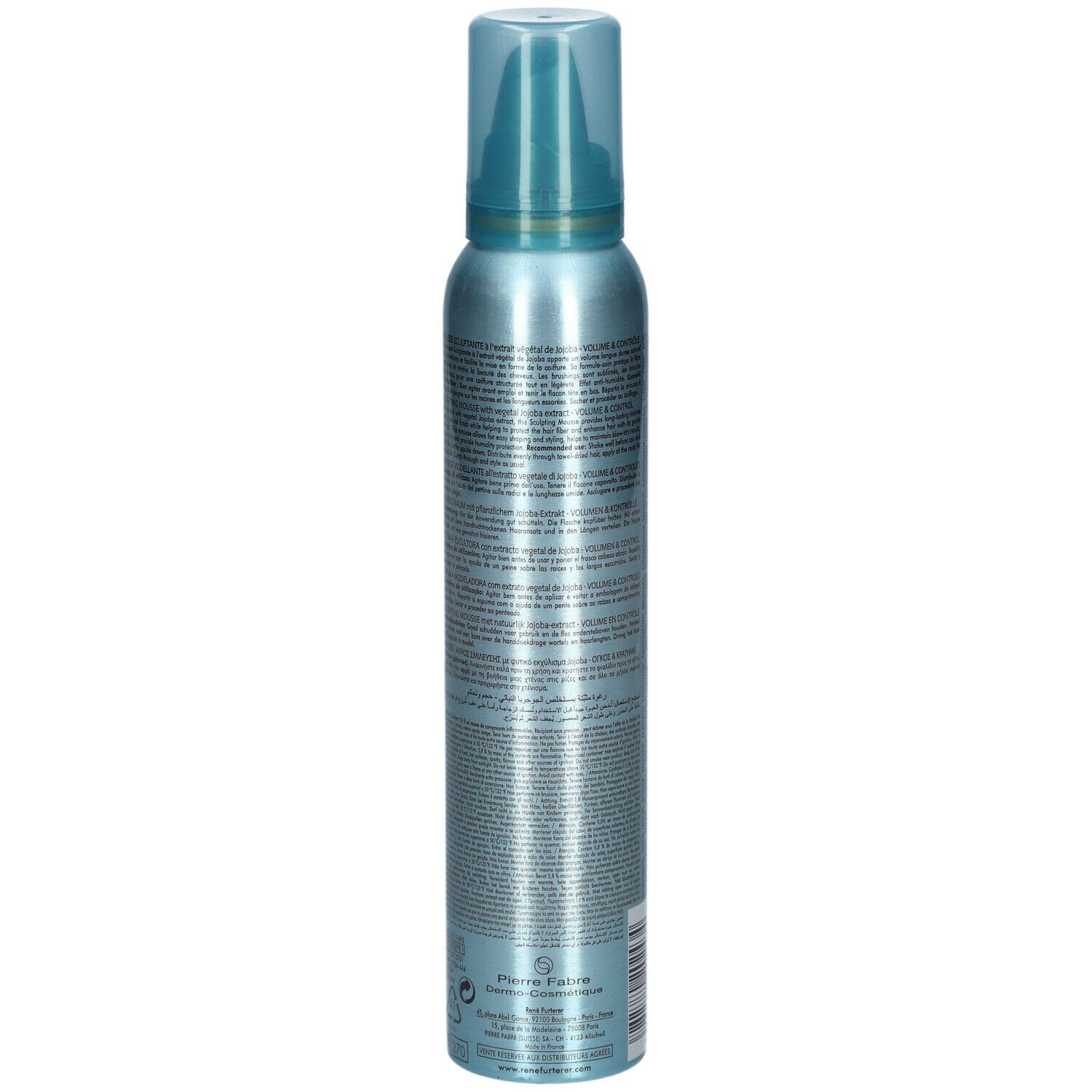 Flacon bleu-argenté avec vaporisateur. Dos avec texte. Marque: René Furterer.