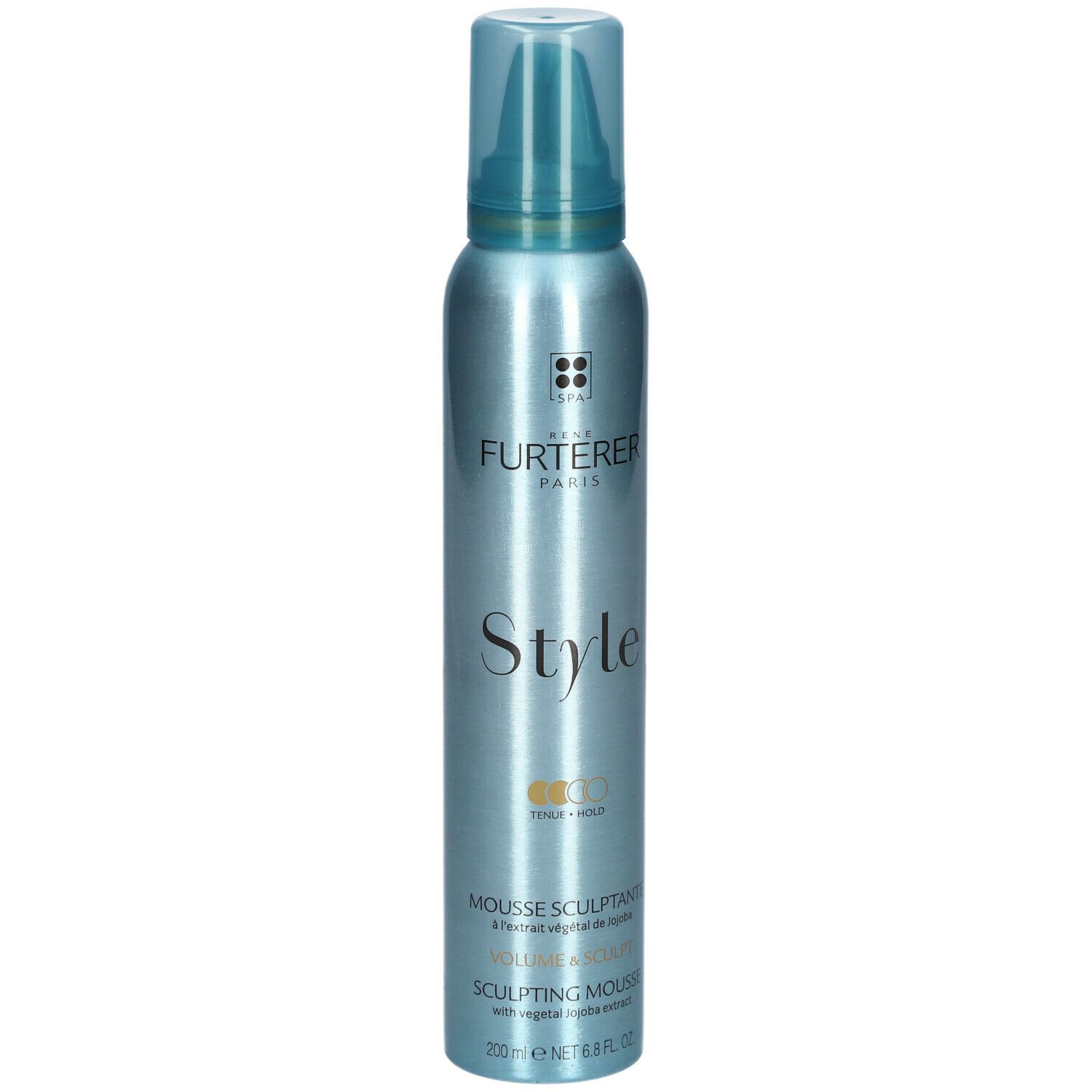 Flacon bleu-argenté avec vaporisateur. Inscription: René Furterer, Style, Mousse Sculptante, 200 ml.