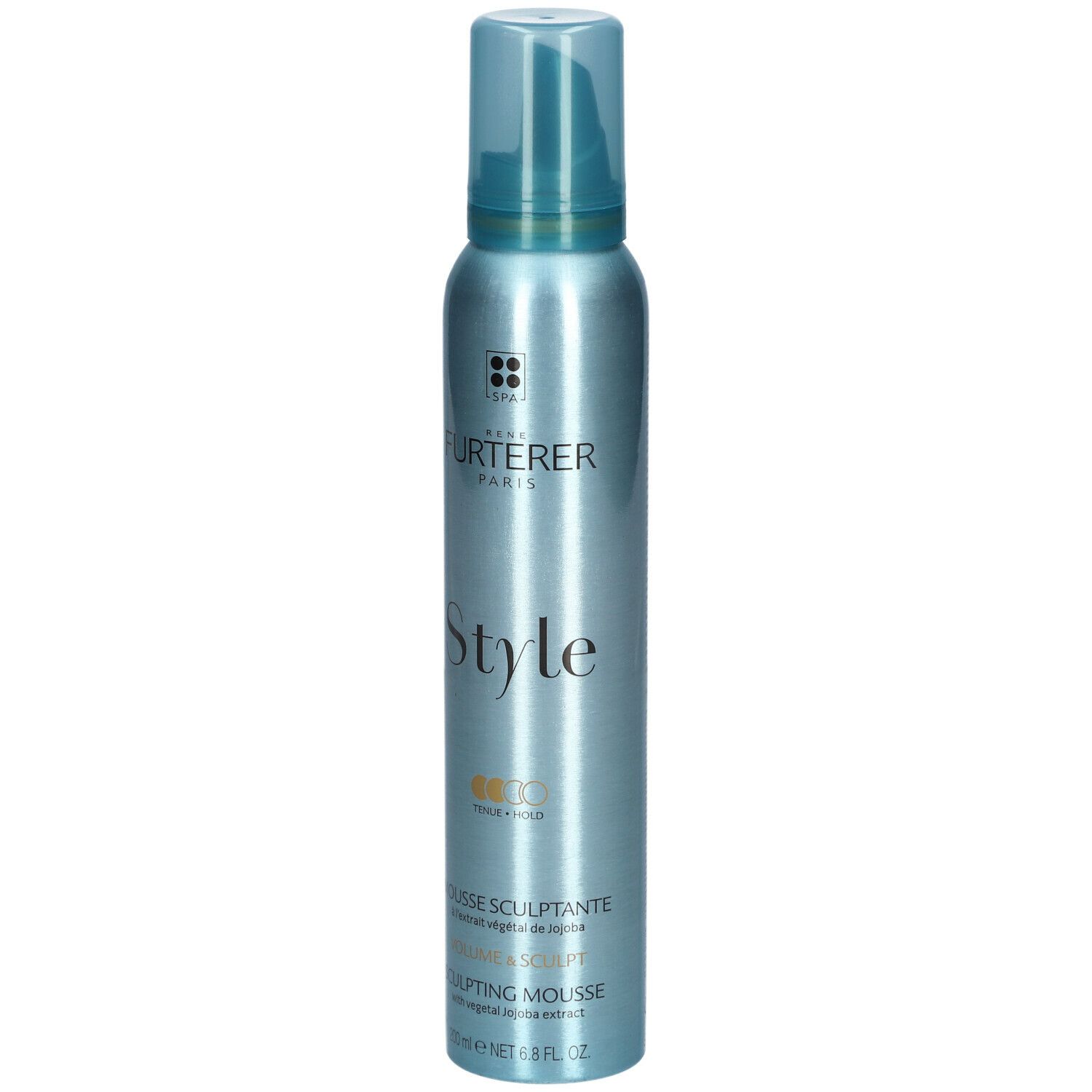 Flacon bleu-argenté avec vaporisateur. Inscription: René Furterer, Style, Mousse Sculptante, 200 ml.