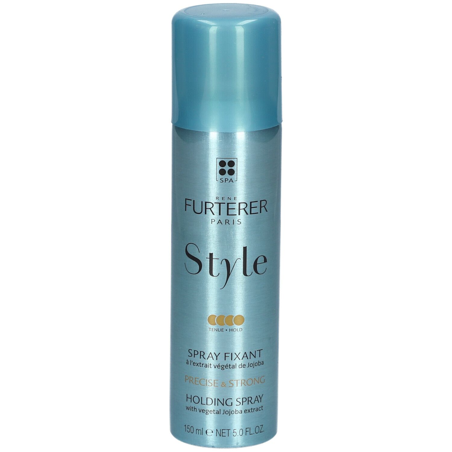 Flacon spray turquoise avec inscription "STYLE Spray fixant". Contient 150 ml. Avec extrait de jojoba. Bouchon et flacon de couleurs similaires.