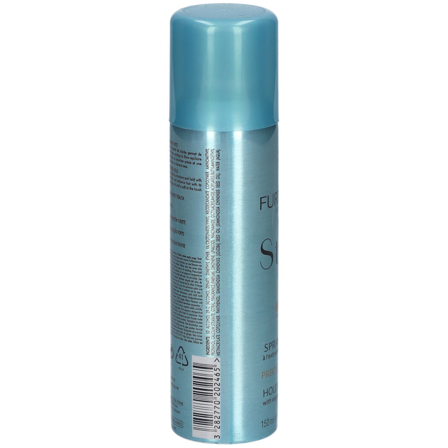 Dos d'un flacon spray turquoise. Texte en plusieurs langues. Contient 150 ml. Avec extrait de jojoba. Symbole de danger.