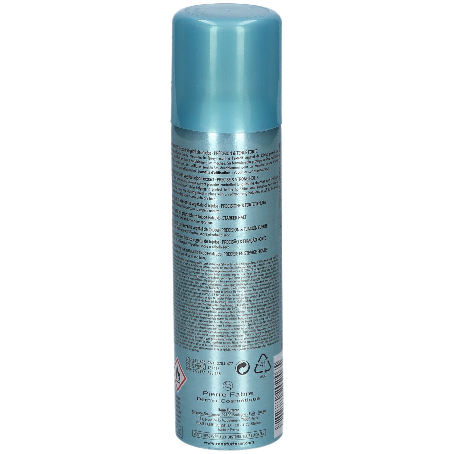 Dos d'un flacon spray turquoise. Texte en plusieurs langues. Contient 150 ml. Avec extrait de jojoba. Symbole de danger.