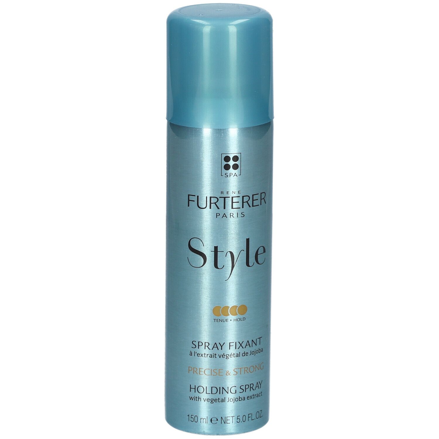 Flacon spray turquoise avec inscription "STYLE Spray fixant". Contient 150 ml. Avec extrait de jojoba. Bouchon et flacon de couleurs similaires.