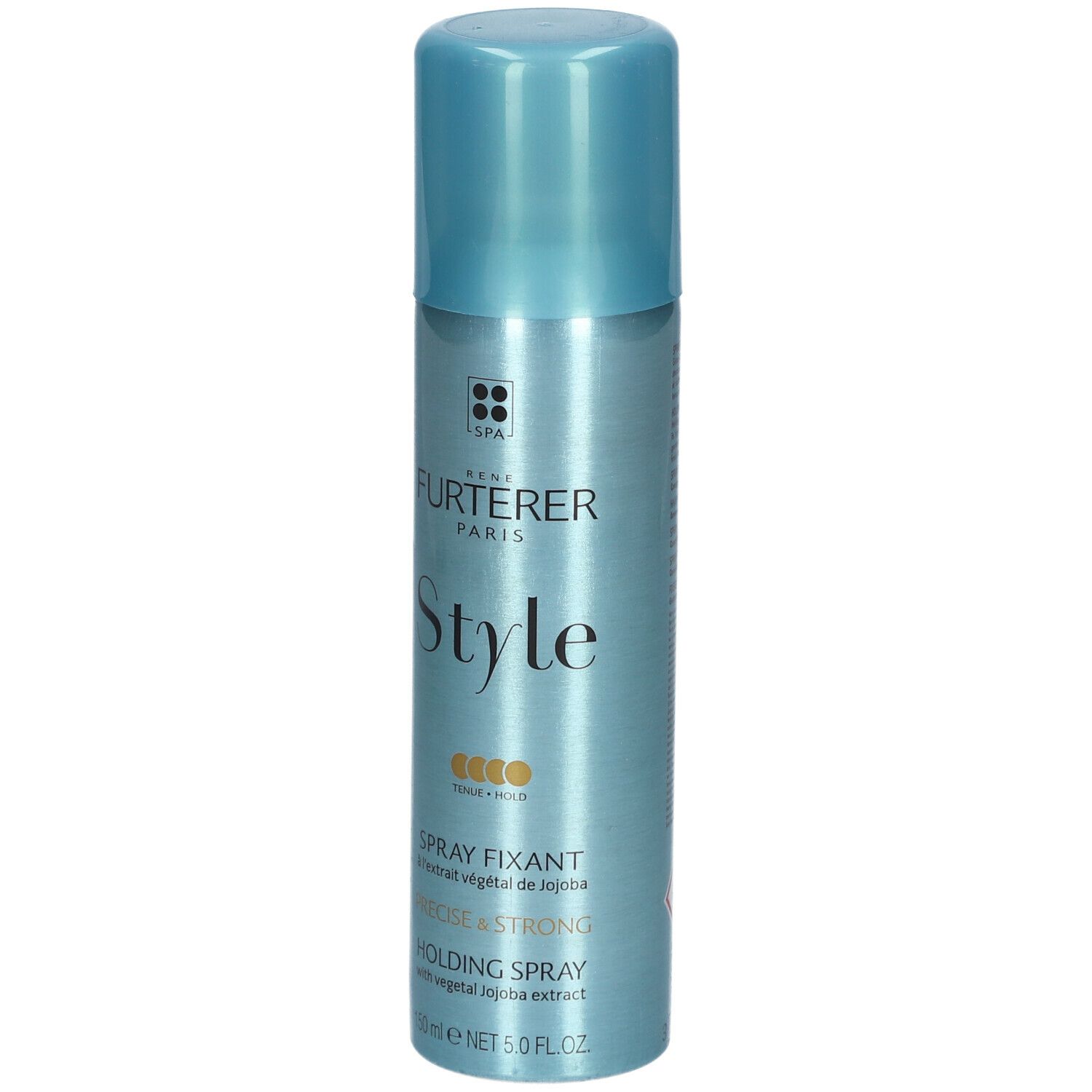 Flacon spray turquoise avec inscription "STYLE Spray fixant". Contient 150 ml. Avec extrait de jojoba. Bouchon et flacon de couleurs similaires.