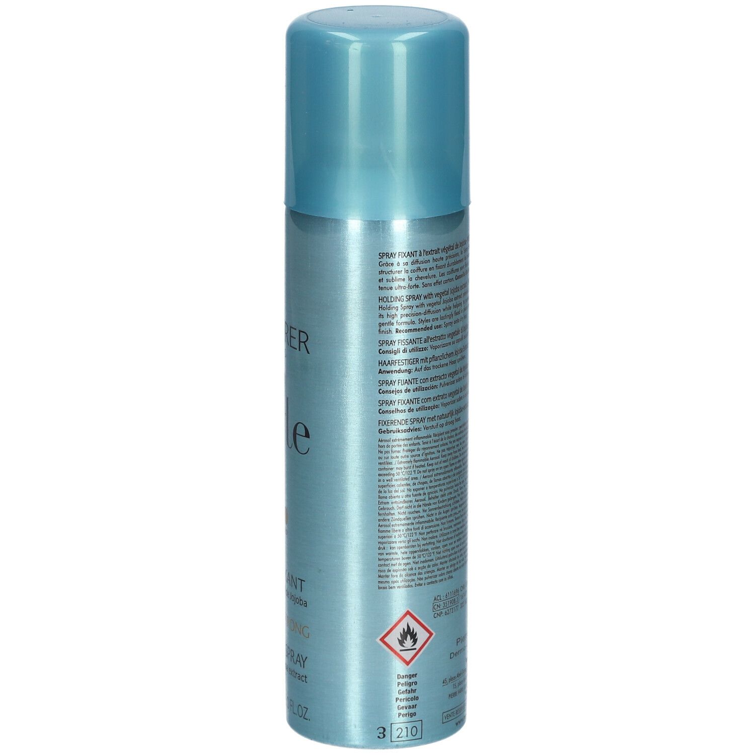 Dos d'un flacon spray turquoise. Texte en plusieurs langues. Contient 150 ml. Avec extrait de jojoba. Symbole de danger.