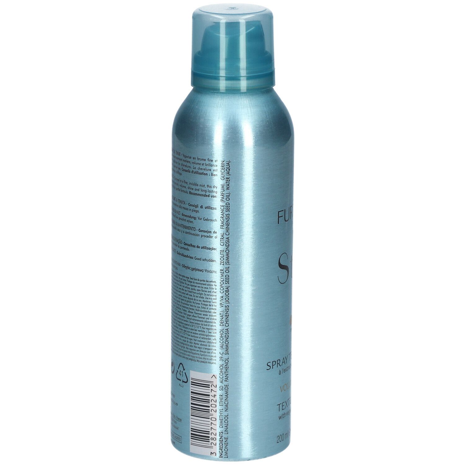 Flacon spray bleu clair avec tête de pulvérisation. Inscription: René Furterer, Style, spray texturisant, Volume & Hold.