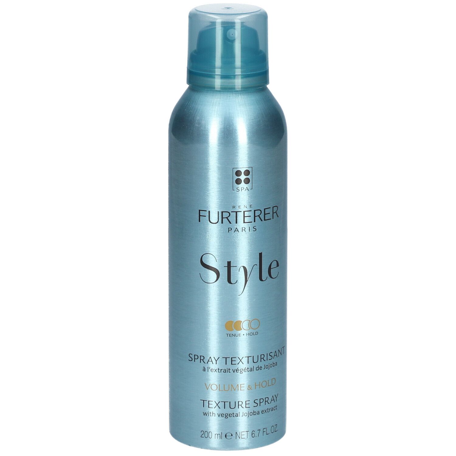 Flacon spray bleu clair avec tête de pulvérisation. Inscription: René Furterer, Style, spray texturisant, Volume & Hold.