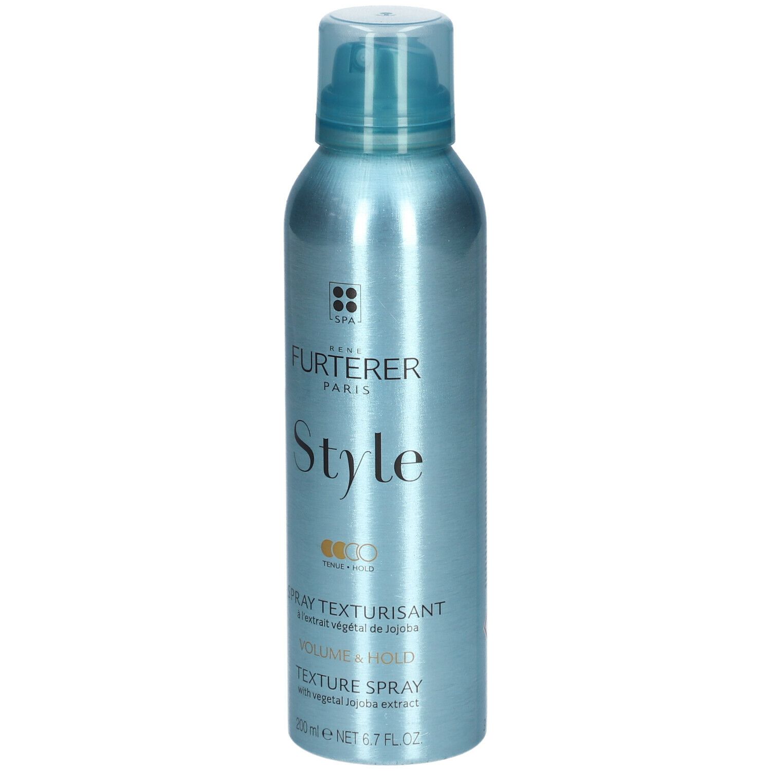Flacon spray bleu clair avec tête de pulvérisation. Inscription: René Furterer, Style, spray texturisant, Volume & Hold.