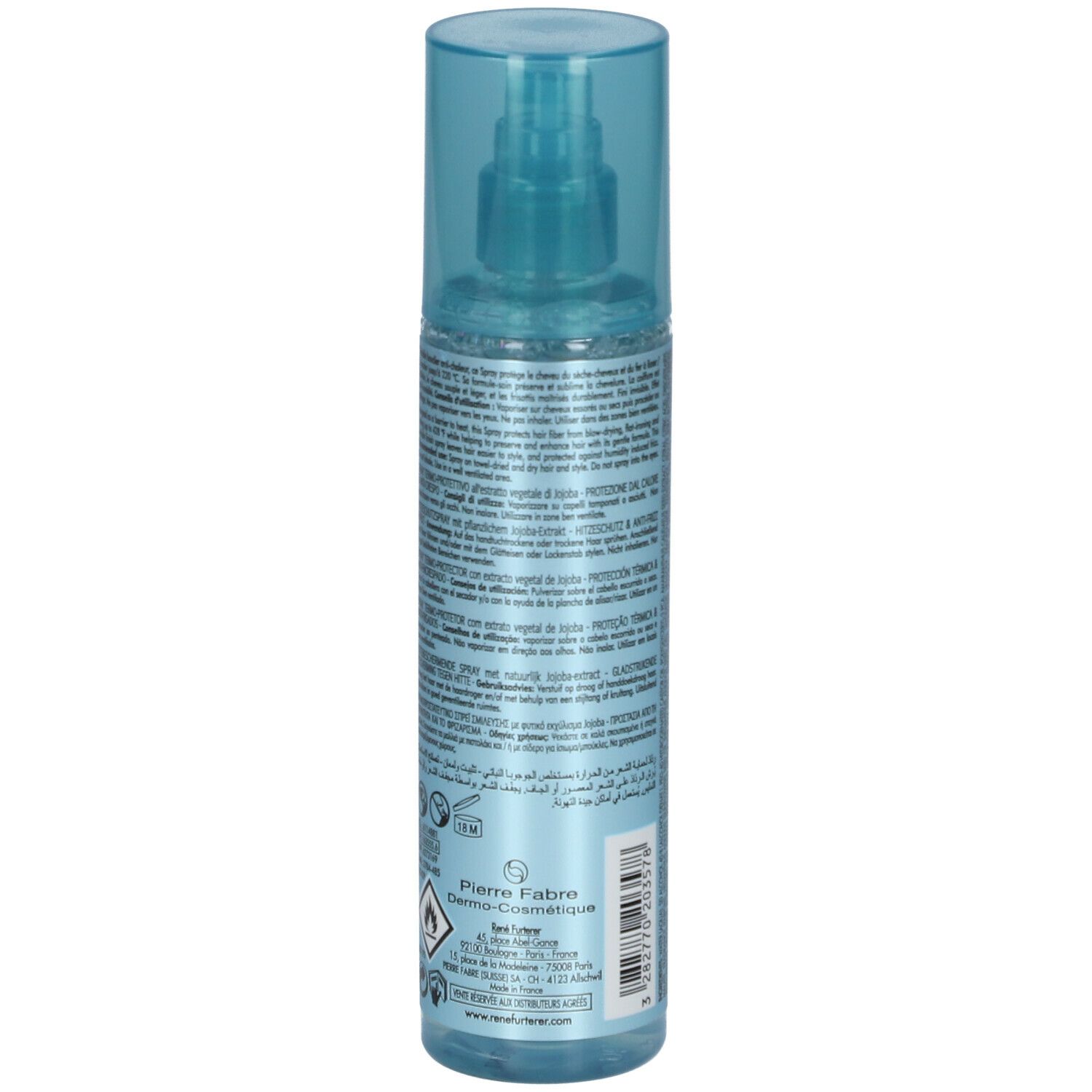 Flacon spray bleu-transparent. Verso avec texte. Inscription: RENE FURTERER PARIS, Style. 150 ml.