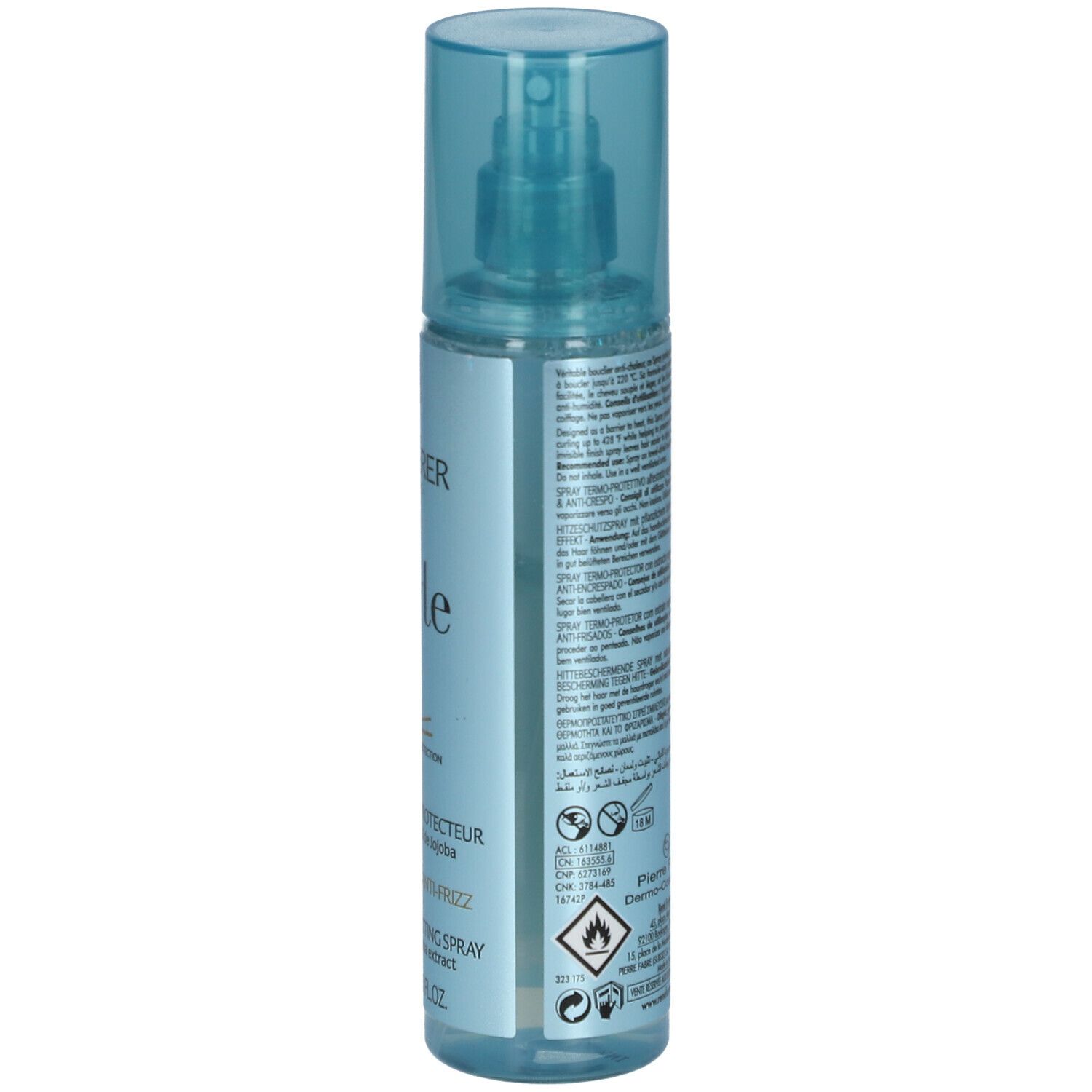 Flacon spray bleu-transparent. Verso avec texte. Inscription: RENE FURTERER PARIS, Style. 150 ml.