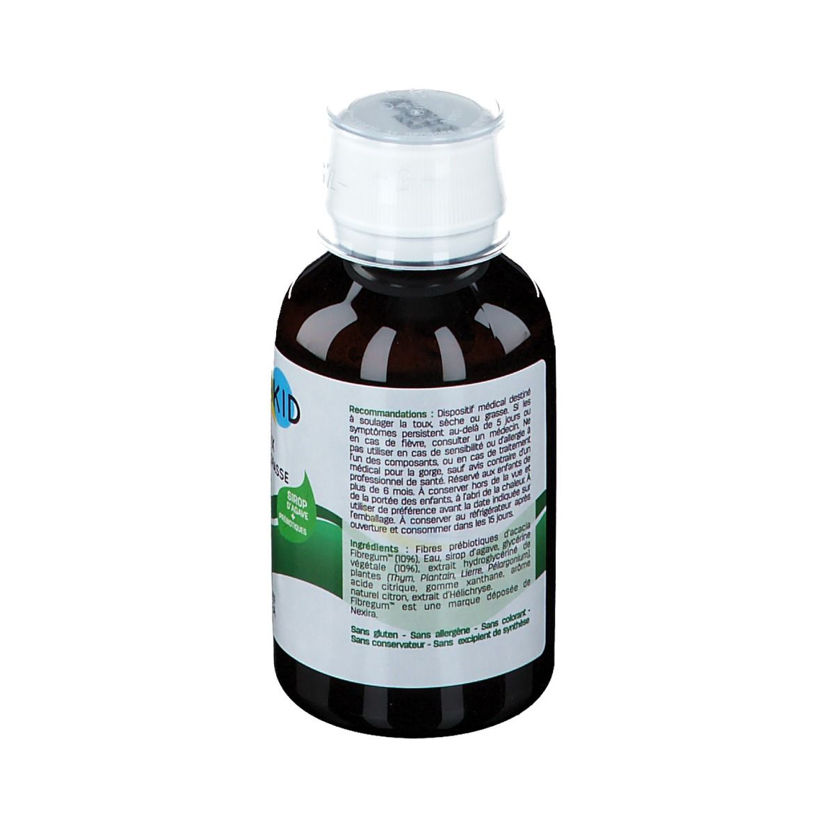 Flacon de sirop PEDIAKID Toux Sèche & Grasse, bouchon blanc. Texte sur l'étiquette.