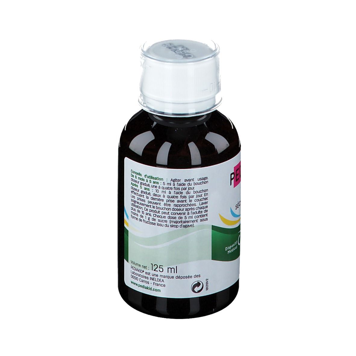 Flacon de sirop PEDIAKID Toux Sèche & Grasse, bouchon blanc. Contenance: 125 ml.