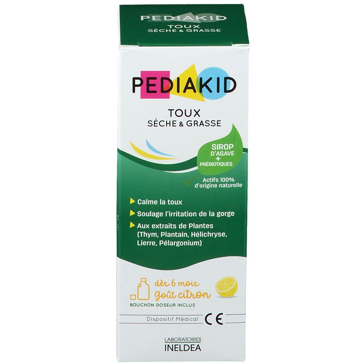 Boîte verte de PEDIAKID Toux Sèche & Grasse. Texte et logos. Dispositif Médical CE.
