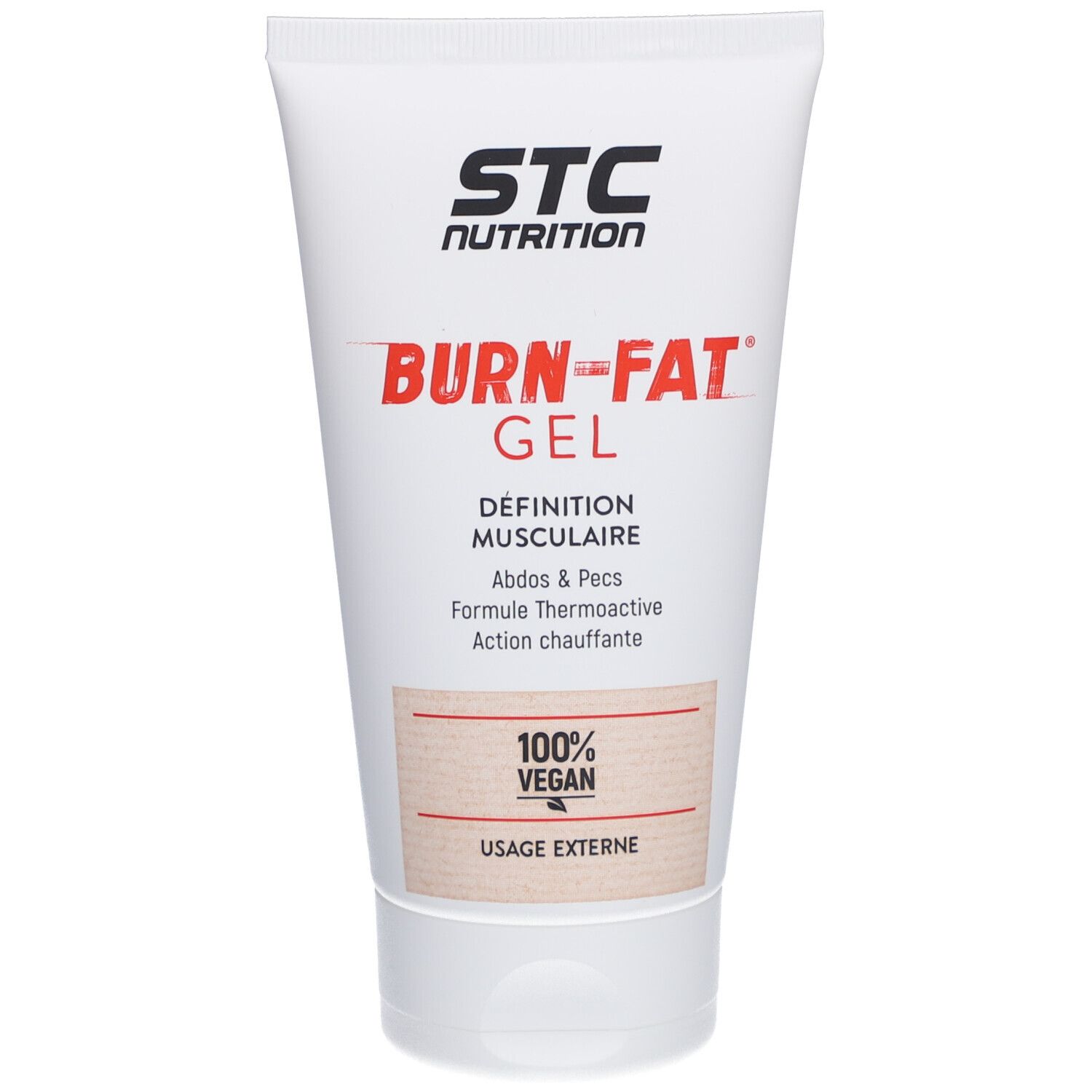 STC Nutrition Burn-Fat Gel. Tube blanc. Texte: Définition musculaire, 100% Vegan, Usage externe. Détails rouges et bruns.