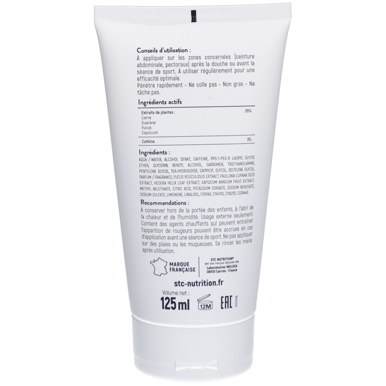 Dos du tube. Texte: Ingrédients, mode d'emploi, 125 ml, stc-nutrition.fr, logo Vegan, signe EAC.