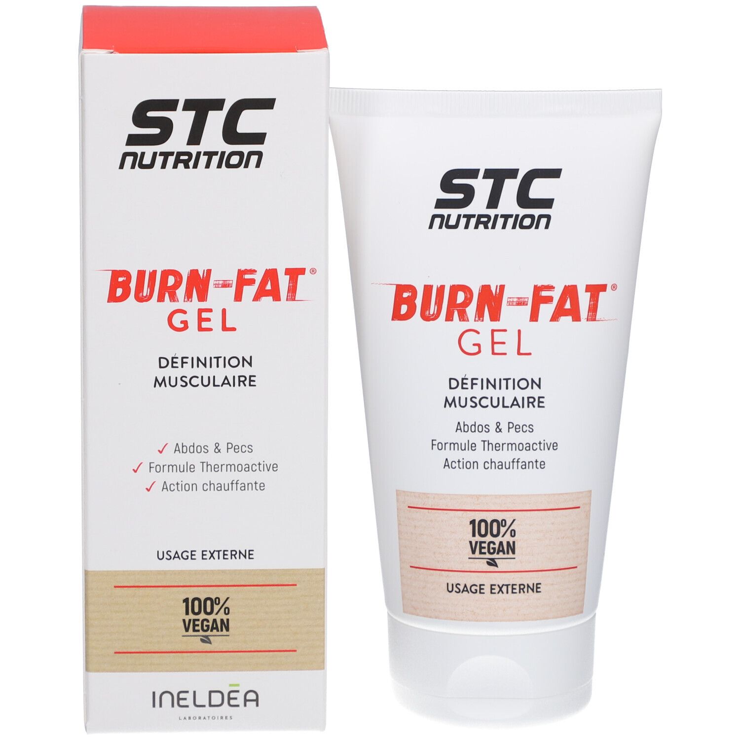 STC Nutrition Burn-Fat Gel. Tube et boîte. Texte: Définition musculaire, 100% Vegan, Usage externe. Logo Ineldea.