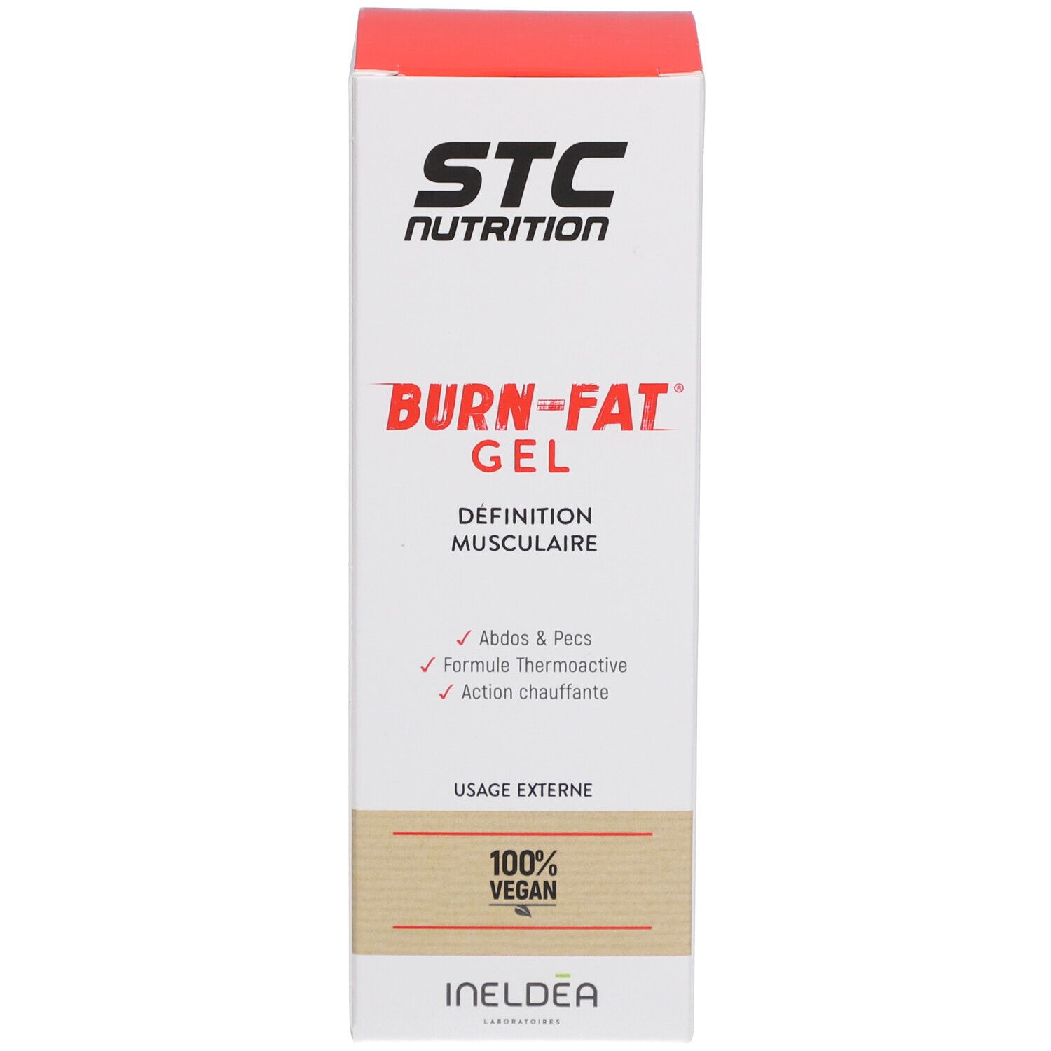 Boîte. Texte: STC Nutrition, Burn-Fat Gel, Définition musculaire, 100% Vegan, Usage externe. Logo Ineldea.