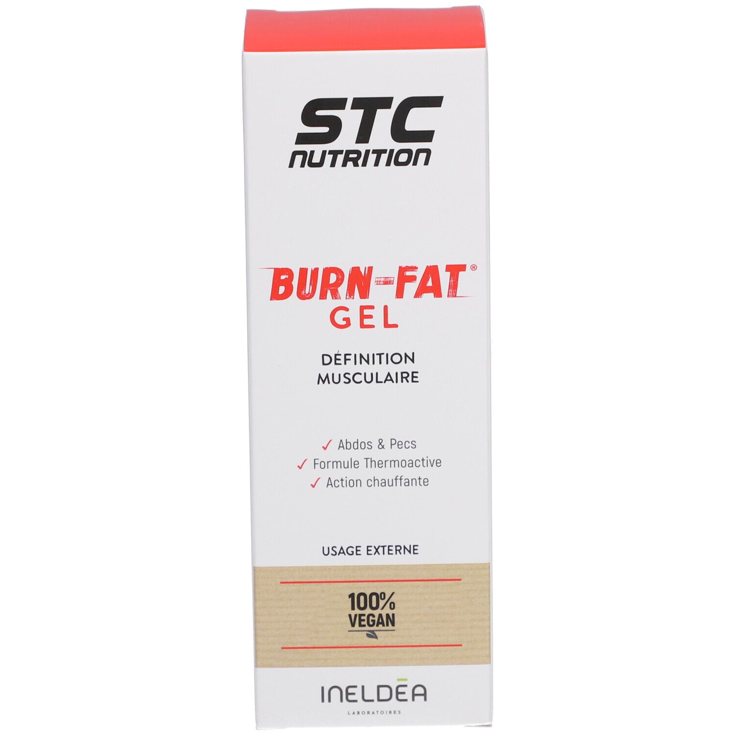 Boîte. Texte: STC Nutrition, Burn-Fat Gel, Définition musculaire, 100% Vegan, Usage externe. Logo Ineldea.