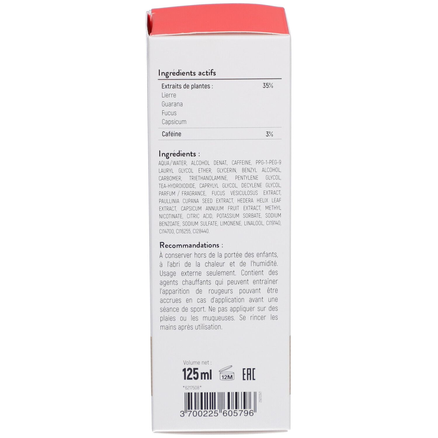 Dos de la boîte. Texte: Ingrédients, 125 ml, stc-nutrition.fr, logo Vegan, signe EAC, numéro de lot.
