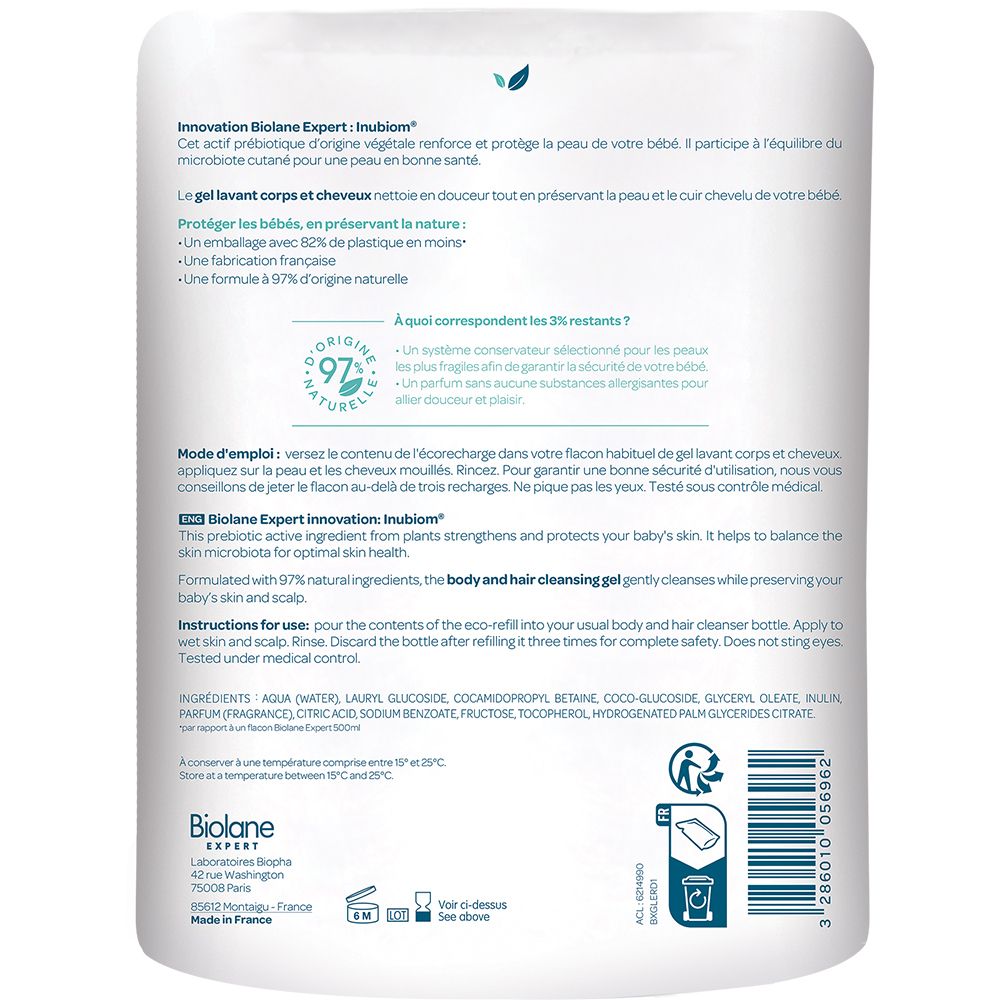 Biolane Expert - Gel Corps et Cheveux - Peaux Sensibles - Eco Recharge - 500ml