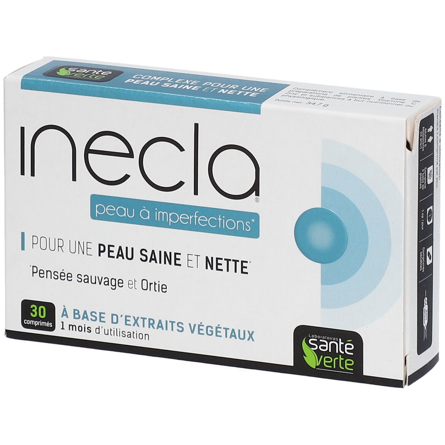 Boîte Inecla Peau à imperfections. Texte: Pour une peau saine et nette. 30 comprimés. Marque Santé Verte.