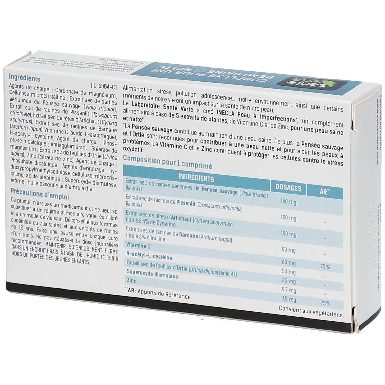 Dos de la boîte Inecla. Contient ingrédients et dosages. Marque Santé Verte. Texte en français.