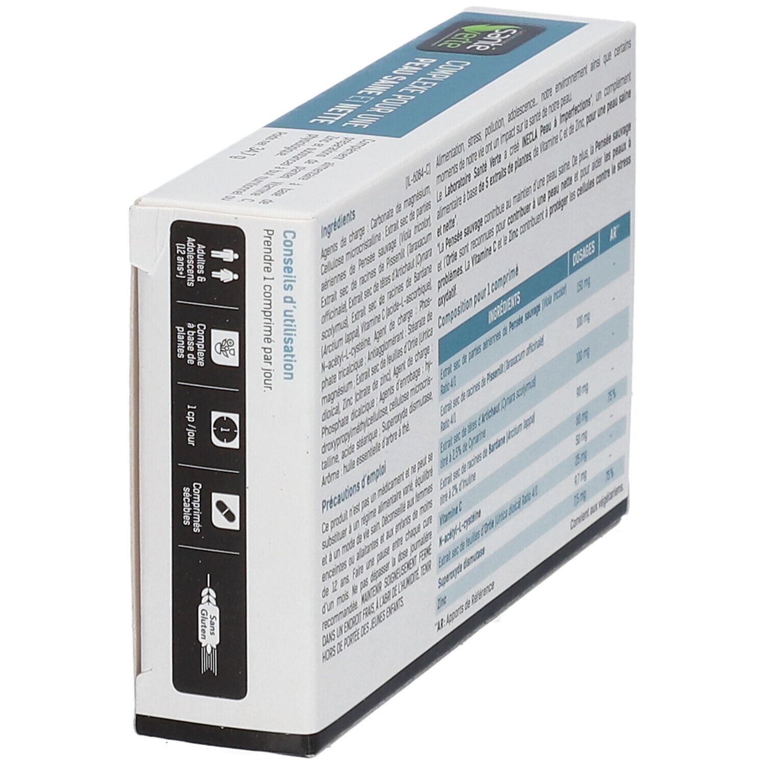 Boîte Inecla, vue latérale. Contient informations d'utilisation. Marque Santé Verte. Texte en français.