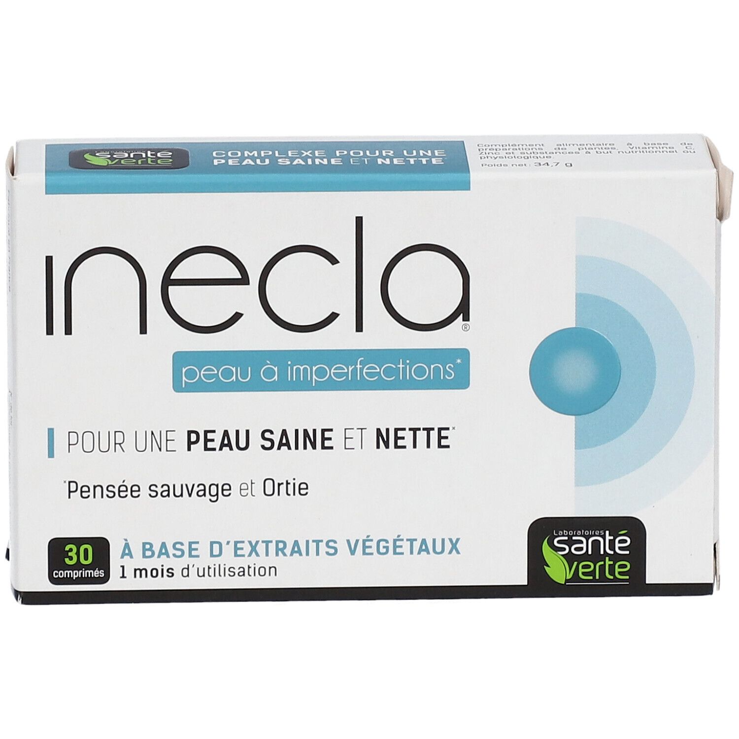 Boîte Inecla, vue de face. Texte: Pour une peau saine et nette. 30 comprimés. Marque Santé Verte.