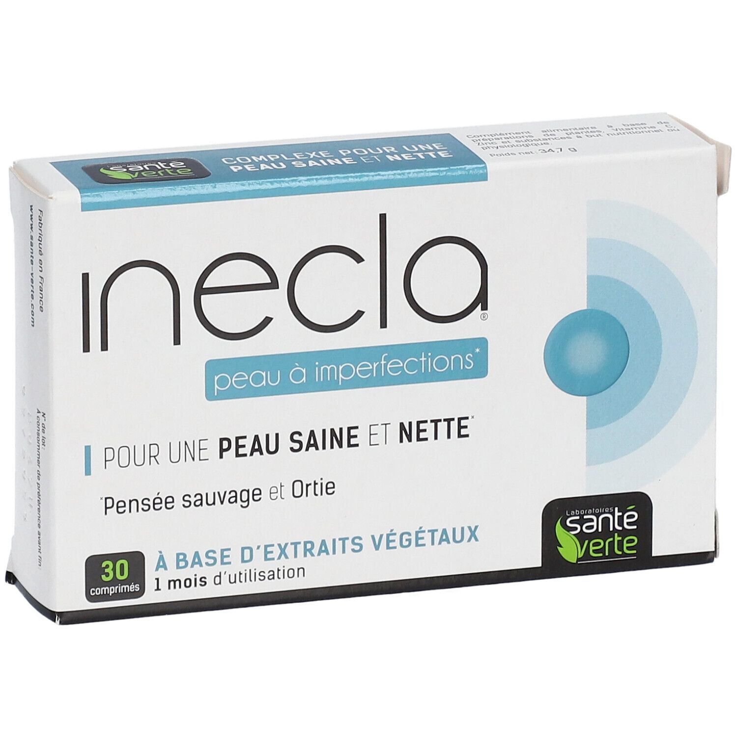Boîte Inecla, vue de face. Texte: Pour une peau saine et nette. 30 comprimés. Marque Santé Verte.