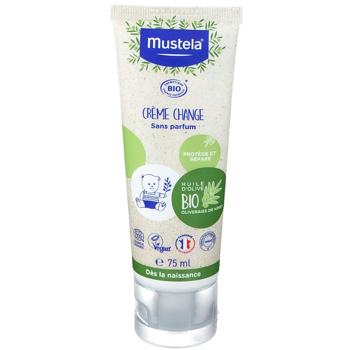 Tube de crème change Mustela Bio. Vert et blanc, texte et logo. Contient de l'huile d'olive bio. Vegan. 75 ml.