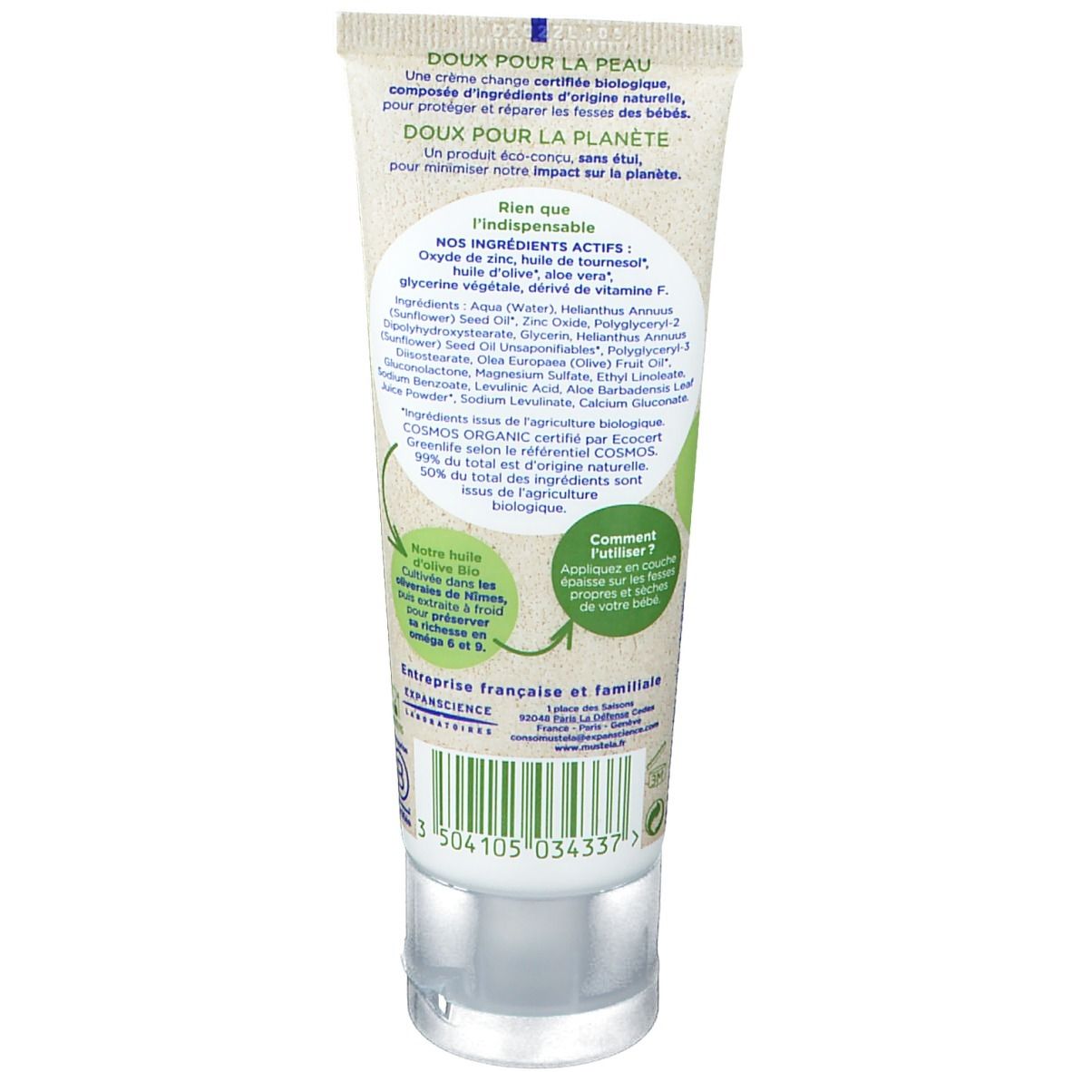 Dos du tube de crème change Mustela Bio. Texte avec ingrédients et certifications. Fond vert.
