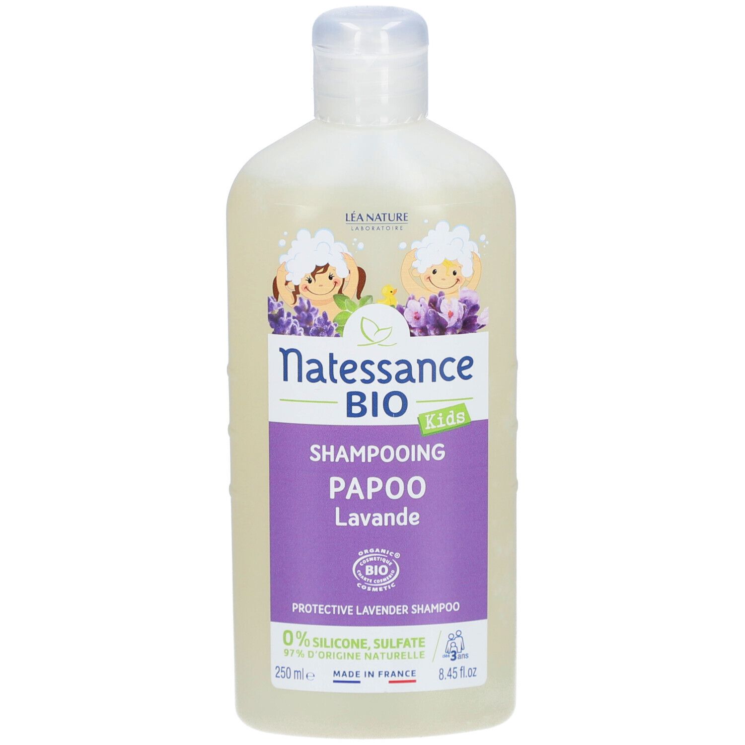 Flacon de Shampooing Papoo Lavande Bio Enfant. Étiquette violette avec nom et logo. 0% silicone, sulfate.