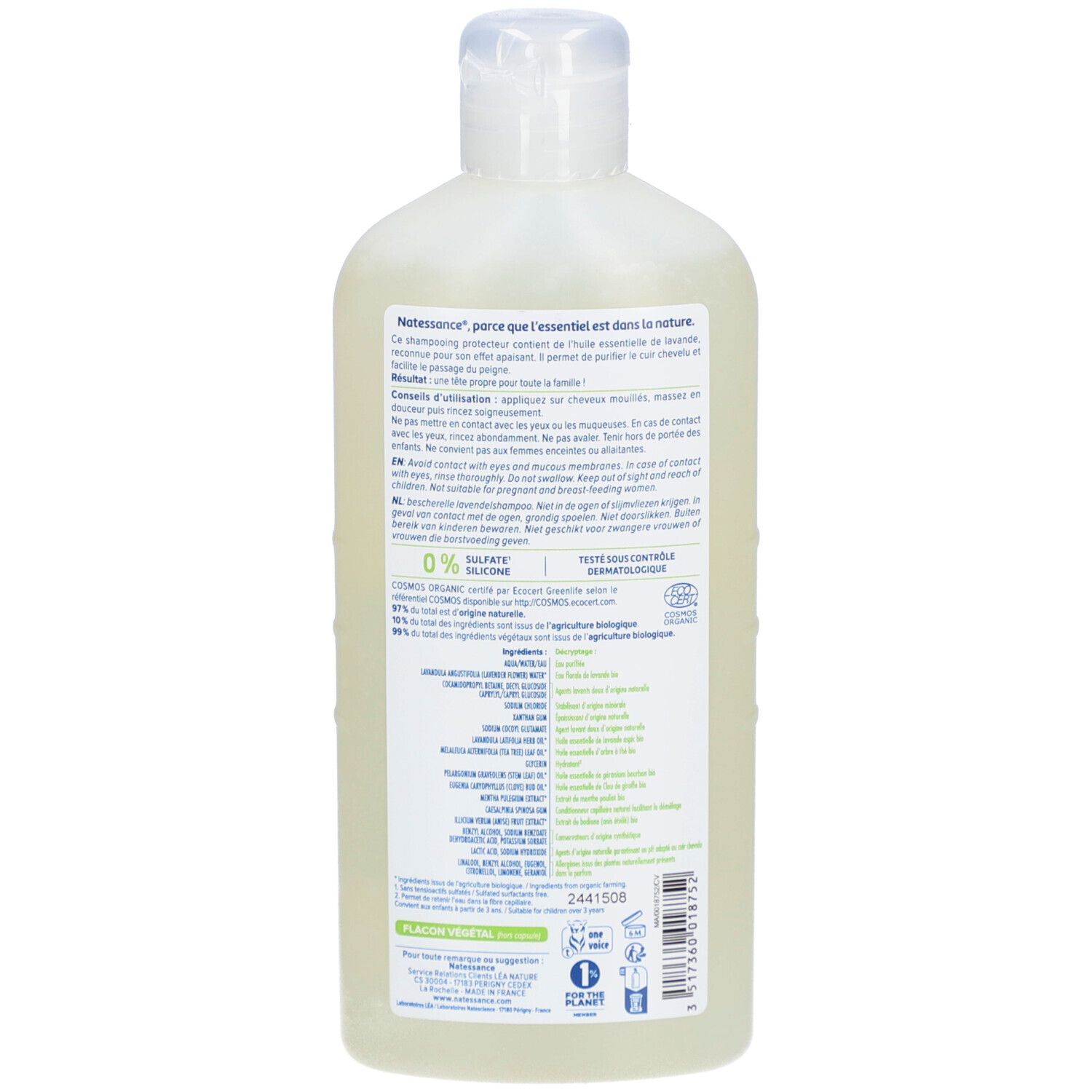 Dos du flacon de Shampooing Papoo Lavande Bio Enfant. Informations textuelles et certifications.