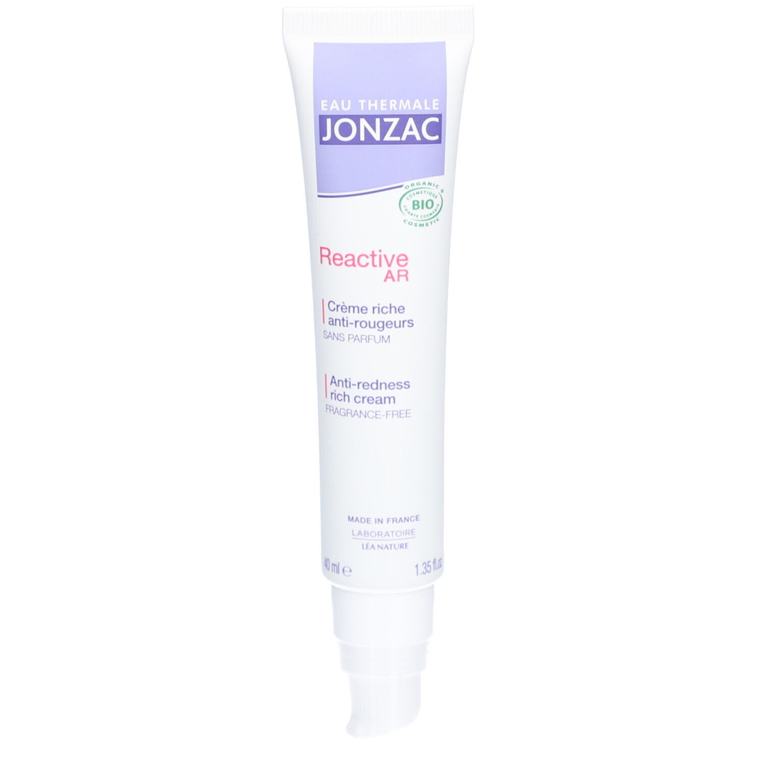 Tube blanc Jonzac. Crème anti-rougeurs. Inscription '100% origine naturelle'. Certifié bio.