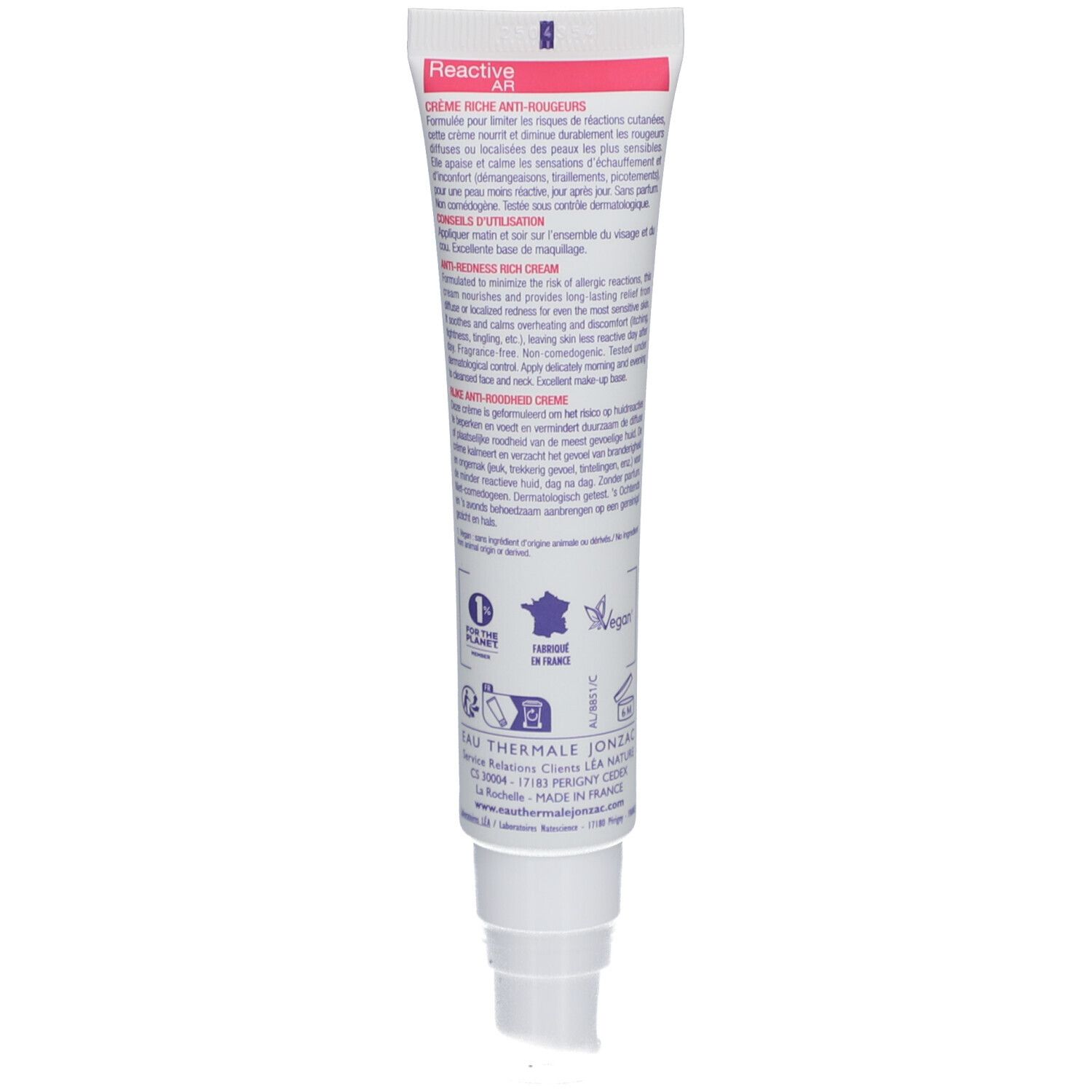 Tube blanc Jonzac. Crème anti-rougeurs. Inscription '100% origine naturelle'. Certifié bio.