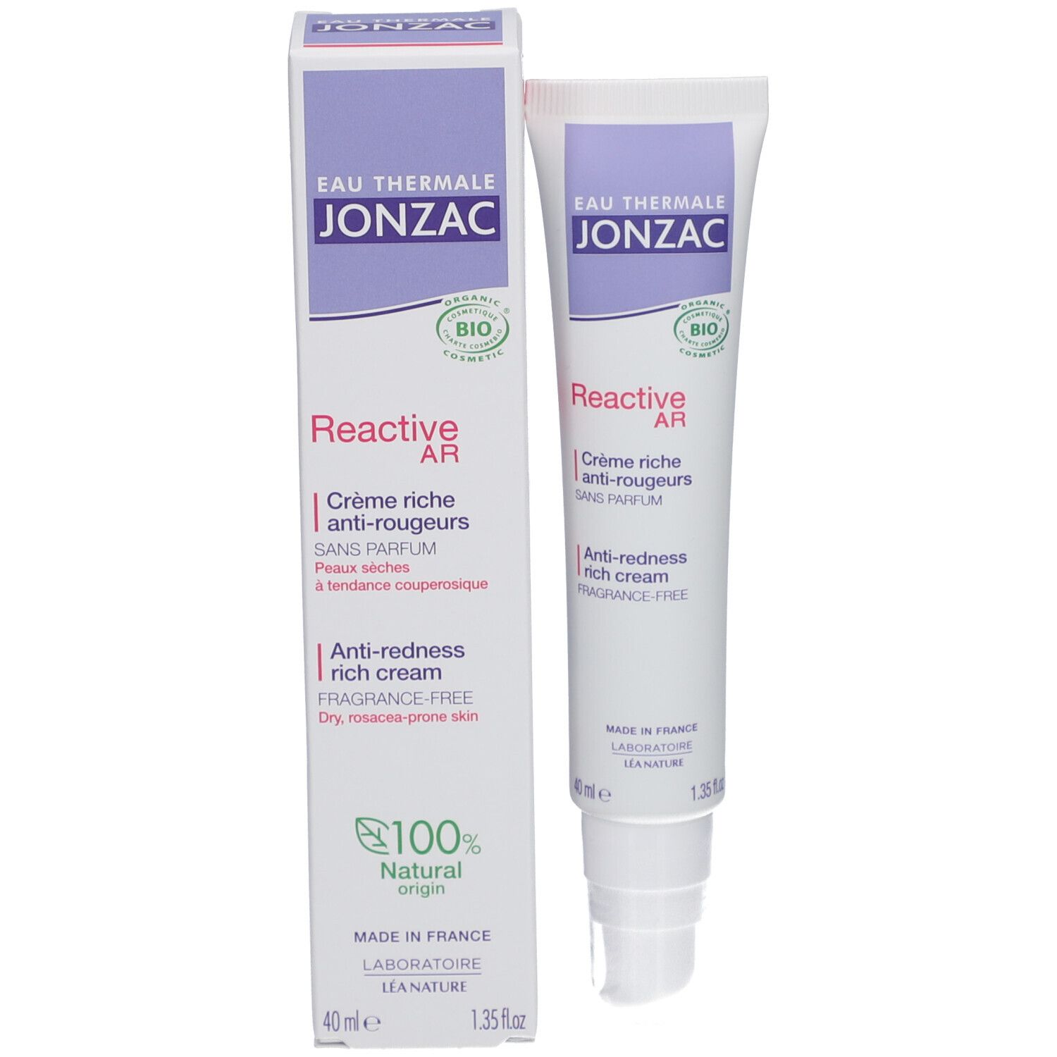 Tube et boîte Jonzac. Crème anti-rougeurs. Inscription '100% origine naturelle'. Certifié bio.