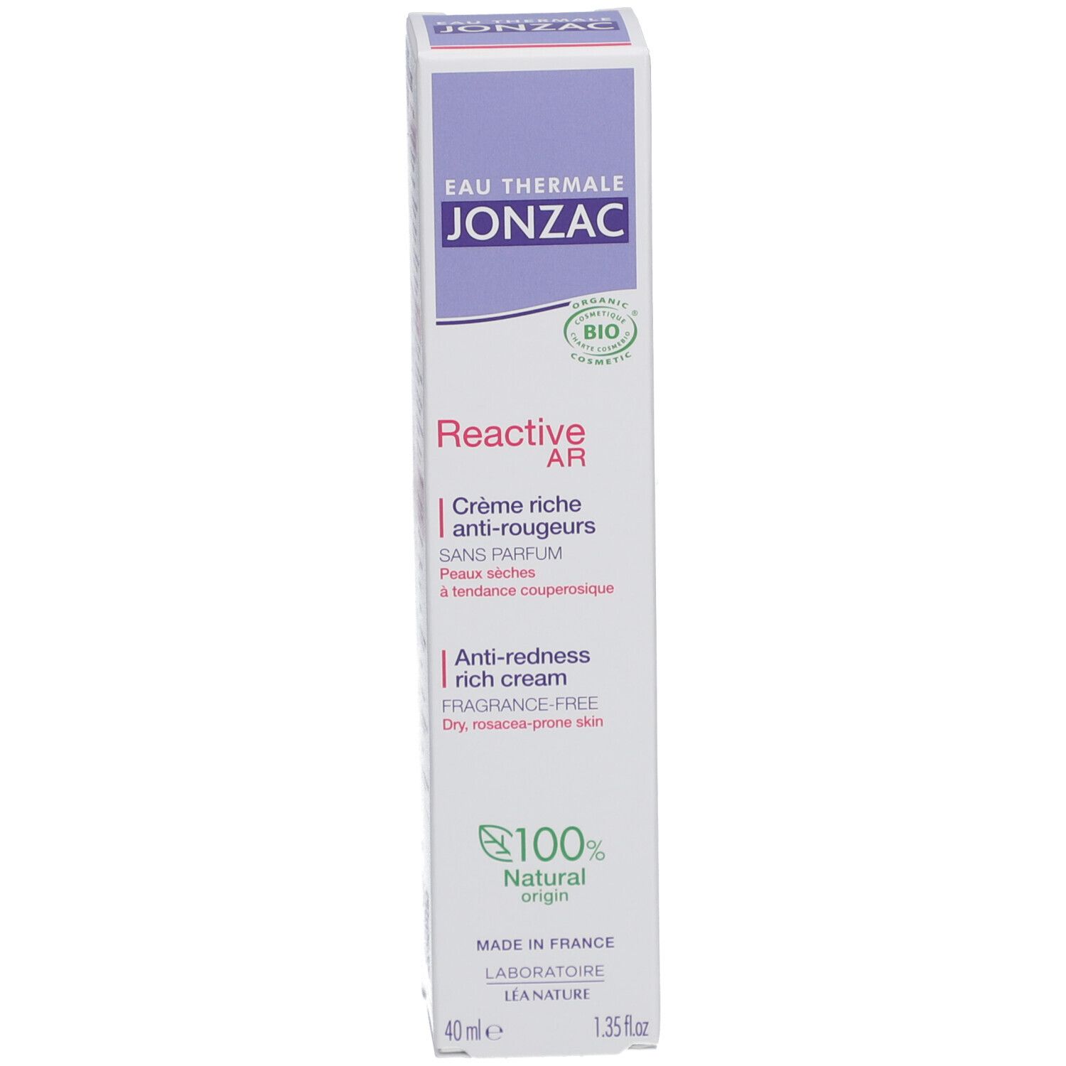 Boîte Jonzac. Crème anti-rougeurs. Inscription '100% origine naturelle'. Certifié bio.