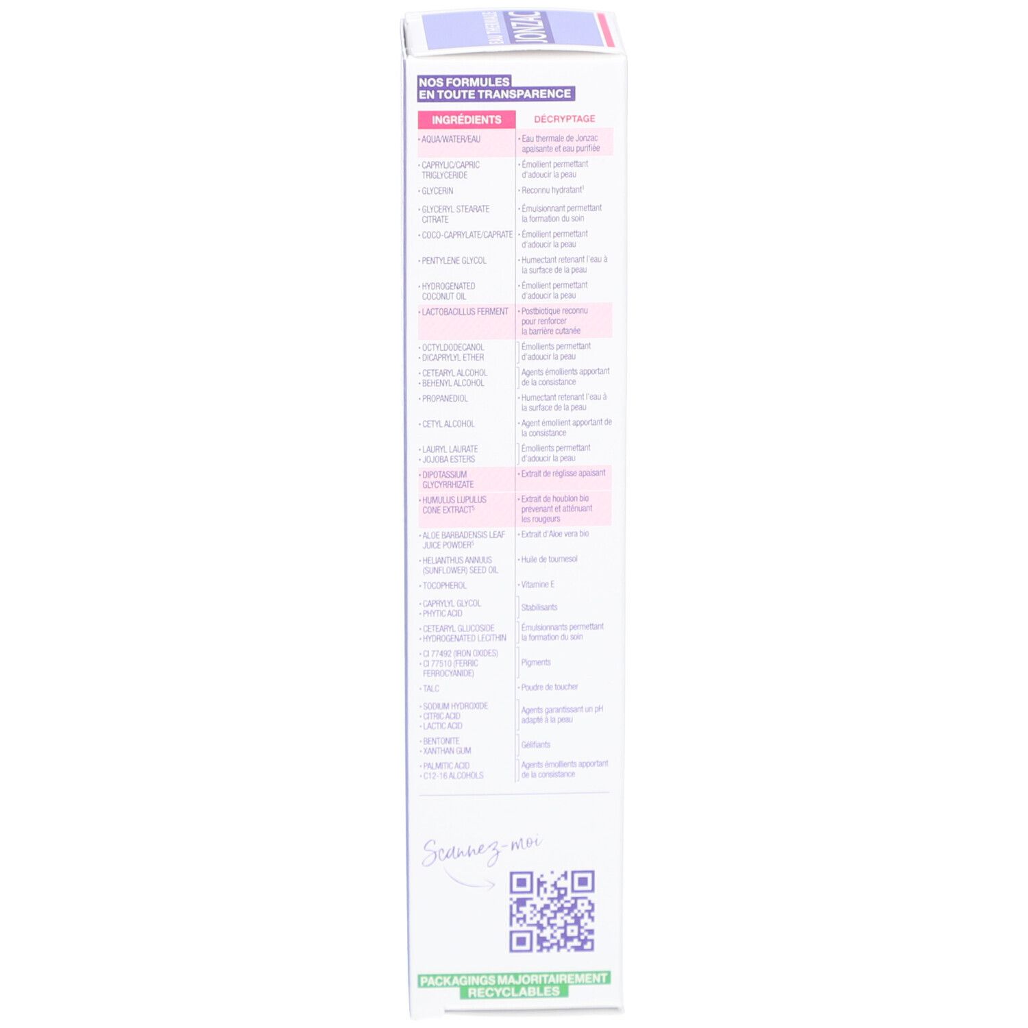Dos de la boîte. Ingrédients, informations et certifications. Produit Jonzac.