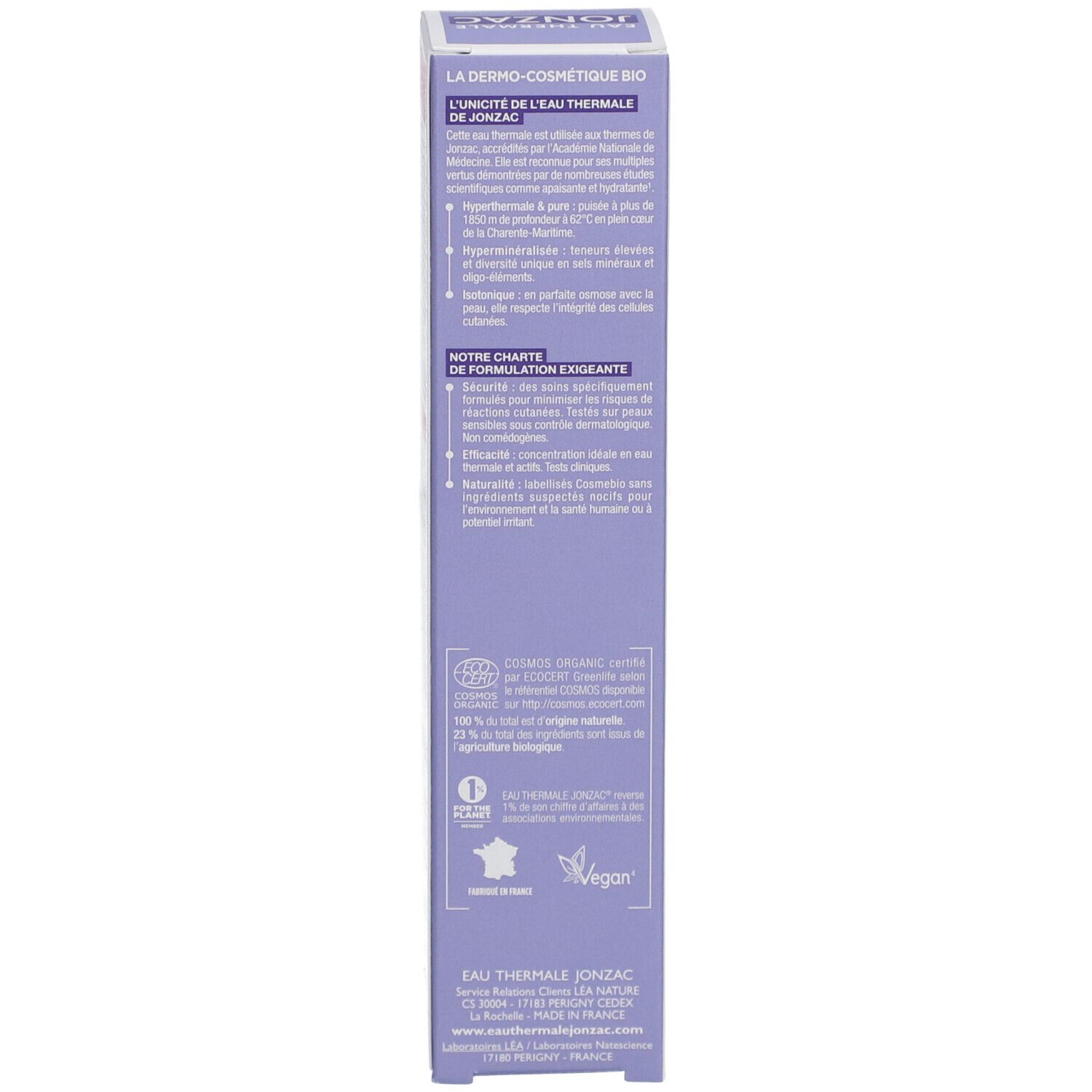 Dos de la boîte. Informations sur la ligne dermo-cosmétique bio Jonzac.