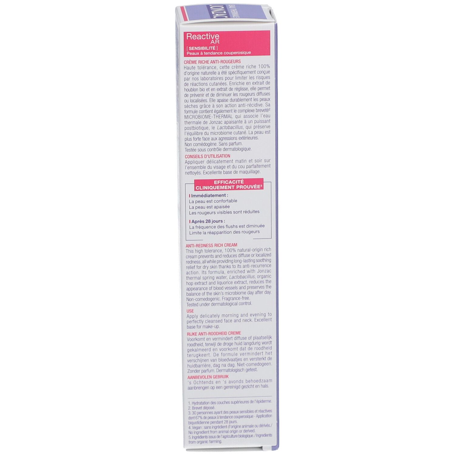 Dos de la boîte. Informations sur la crème anti-rougeurs. Produit Jonzac.