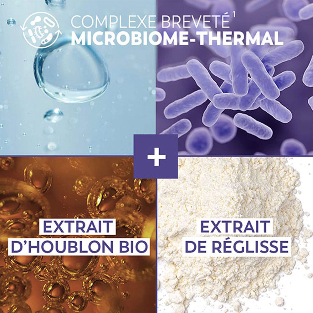 Quatre images: eau, bactéries, extrait de houblon, extrait de réglisse. Texte: Complexe Microbiome-Thermal.