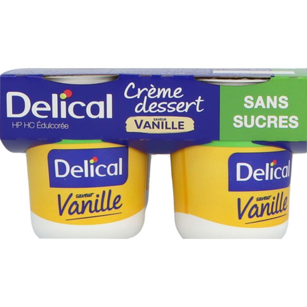 Emballage de quatre pots de crème dessert Delical Vanille sans sucres. Couleurs bleu, jaune et vert.