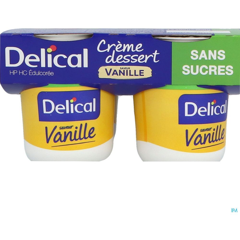 Emballage de quatre pots de crème dessert Delical Vanille sans sucres. Couleurs bleu, jaune et vert.