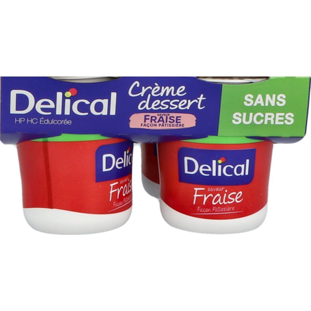 Pack de quatre pots de Delical Crème dessert. Pots rouges à fond blanc et couvercles verts. Inscription "Fraise".