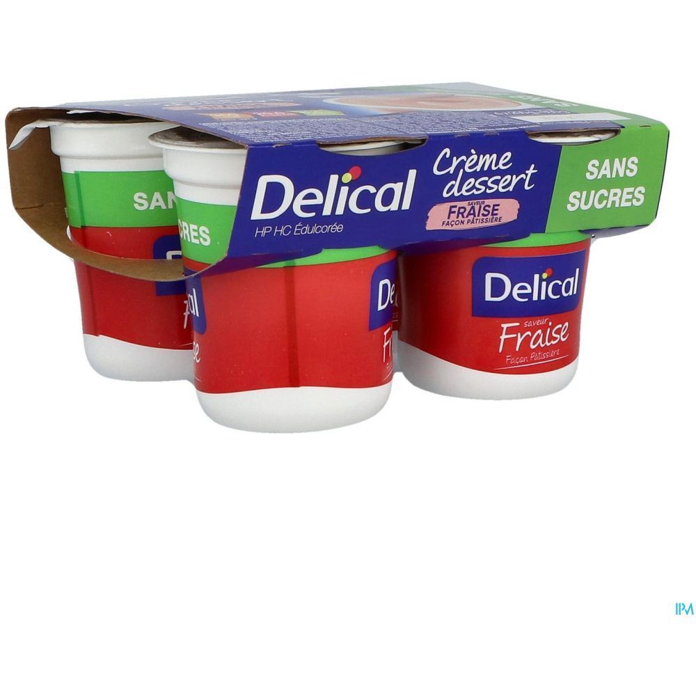 Pack de quatre pots de Delical Crème dessert. Pots rouges à fond blanc et couvercles verts. Inscription "Fraise".