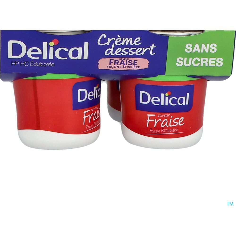 Pack de quatre pots de Delical Crème dessert. Pots rouges à fond blanc et couvercles verts. Inscription "Fraise".