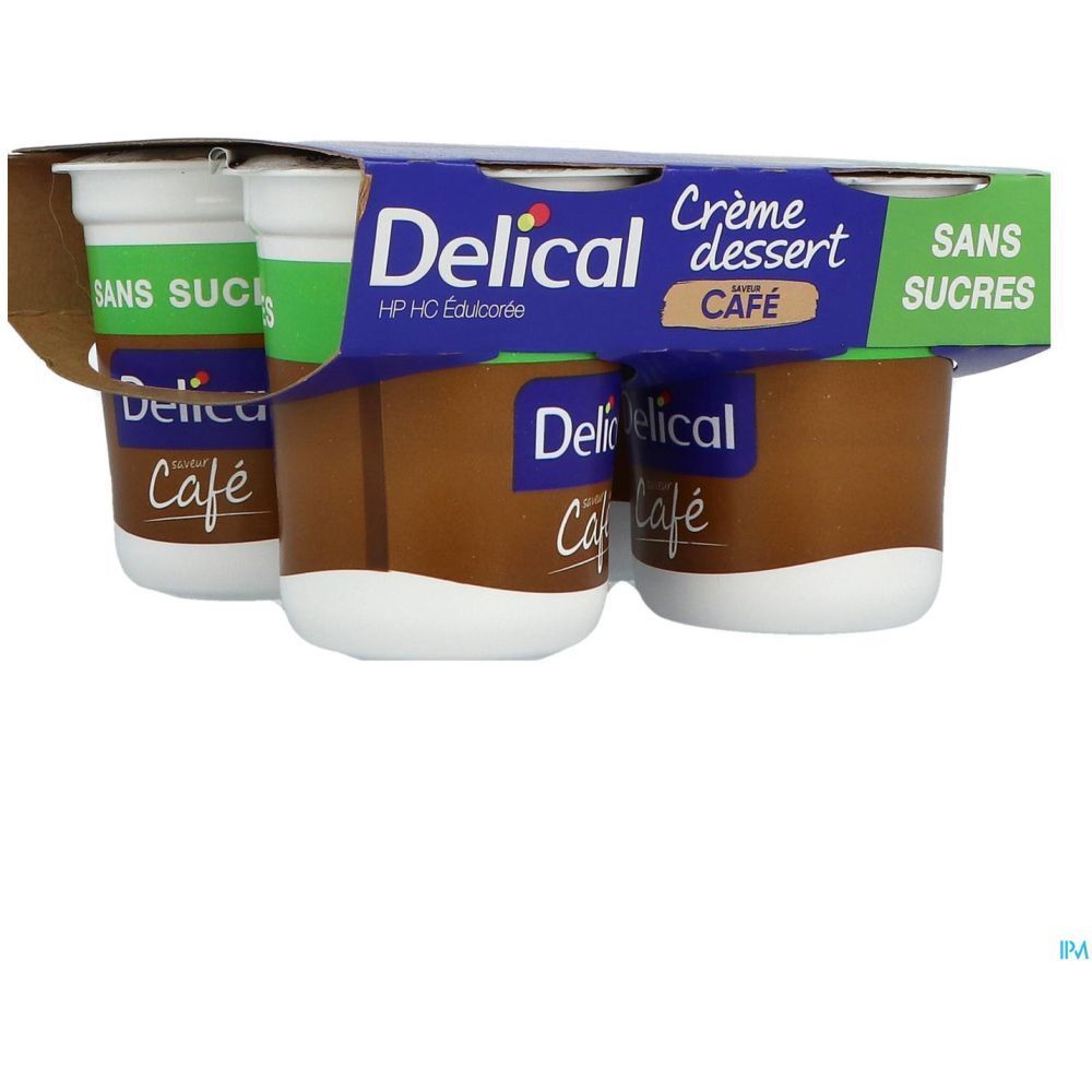 Delical Crème dessert saveur café sans sucres. Quatre pots dans un emballage. Inscriptions visibles.