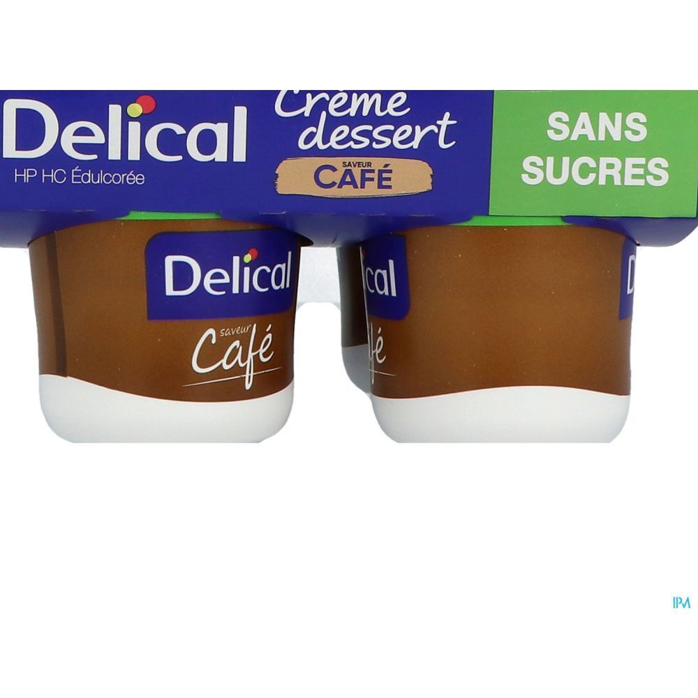 Delical Crème dessert saveur café sans sucres. Quatre pots dans un emballage. Inscriptions visibles.