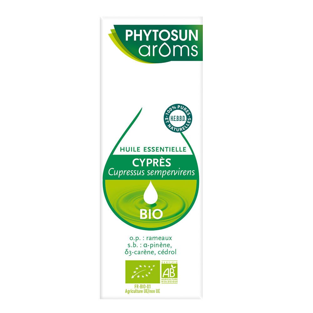 Boîte verte avec informations produit. Inscription: PHYTOSUN aroms, HUILE ESSENTIELLE CYPRÈS BIO.